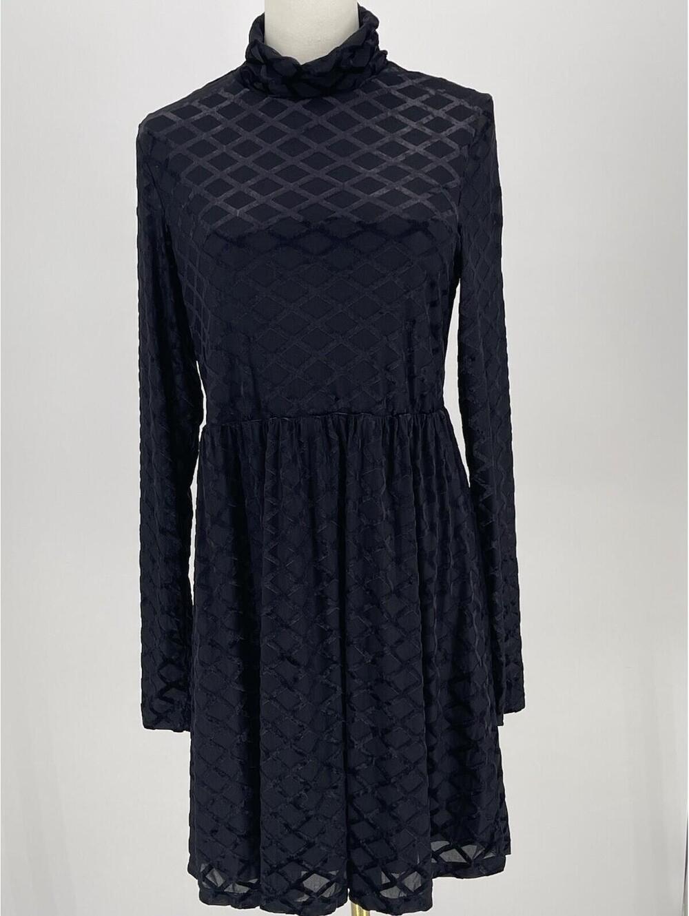 Tuckernuck Black Diamond Pattern Mock Neck Dress L Long Sleeve Fit Flare